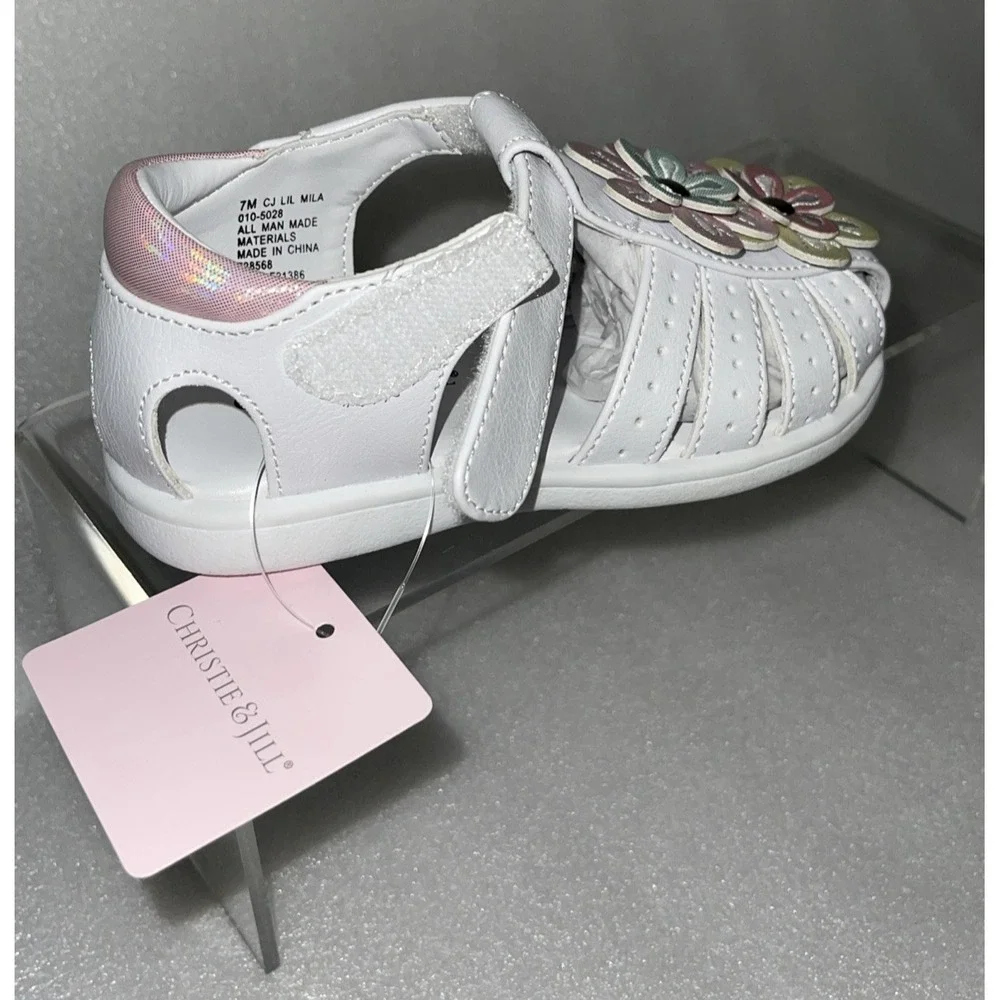 Christie & Jill Sandals Lil Mila White & Pink Flowers Little Girls‎ Size 7M New